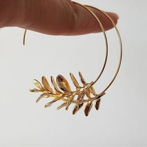 Gold plated rosemary twig plant leaf hoop earrings